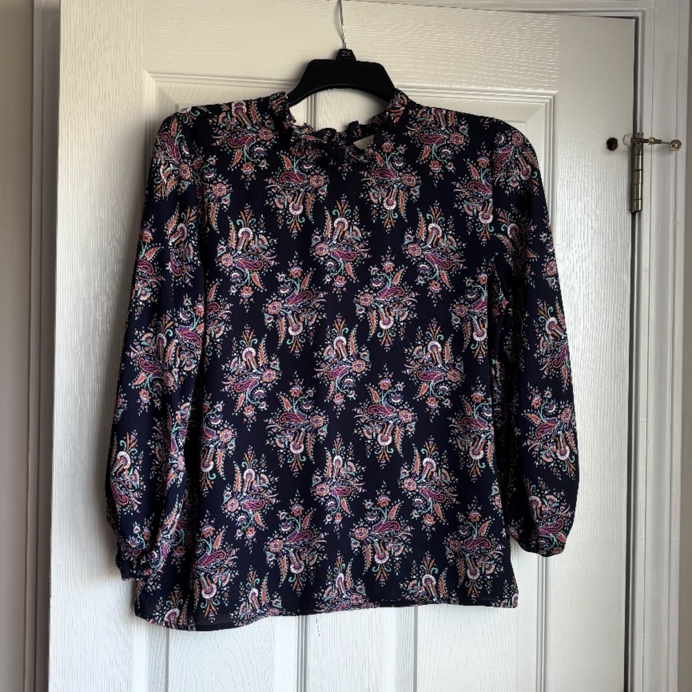 LOFT Navy Paisley Long-Sleeve Ruffle-Neck Blouse